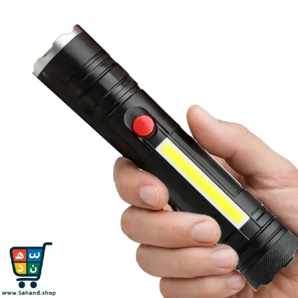 چراغ‌قوه شارژی مدل T6‑26 با نور COB و لنز زوم‌دار - Image 3